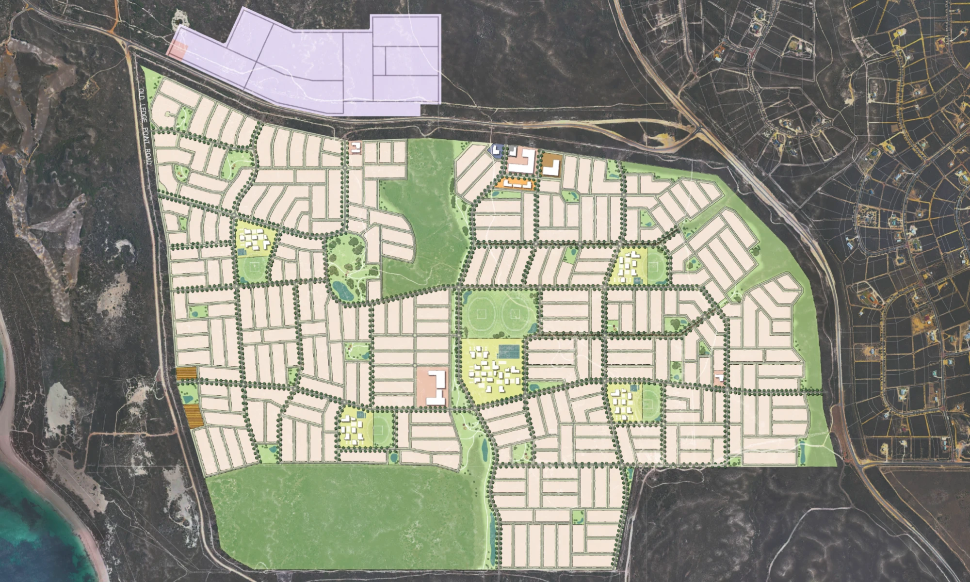 Masterplan map showing the layout of residential lots, connecting roads, and green open parklands within Lancelin South estate.
